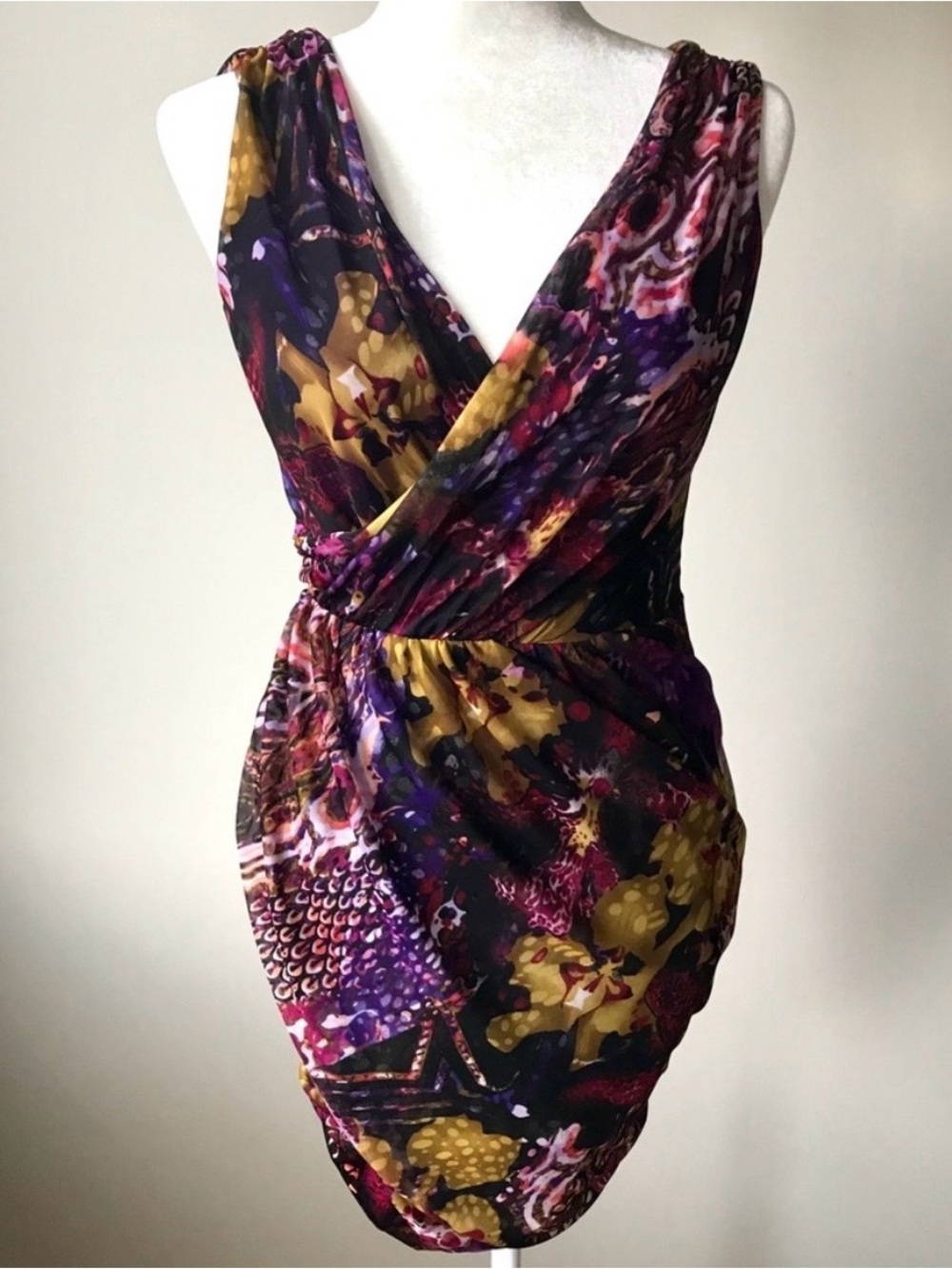 Nine West Purple and Gold Floral Wrap Mini Dress